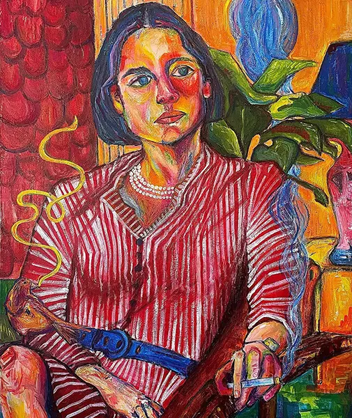 Expressionist-style painting of a woman with short dark hair, wearing a red and white striped dress and a pearl necklace. She sits in a colorful interior, holding a lit cigarette in one hand and a long wooden pipe in the other. Her face is vibrantly painted in warm hues of red, yellow, and orange, with deep shadows and exaggerated features. Behind her, lush green leaves and abstract blue and orange elements add depth. The style is bold, textured, and richly colored, conveying introspection and intensity.
